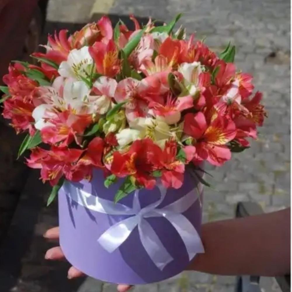 Букет Альстромерии Микс и Розы Красные в коробке